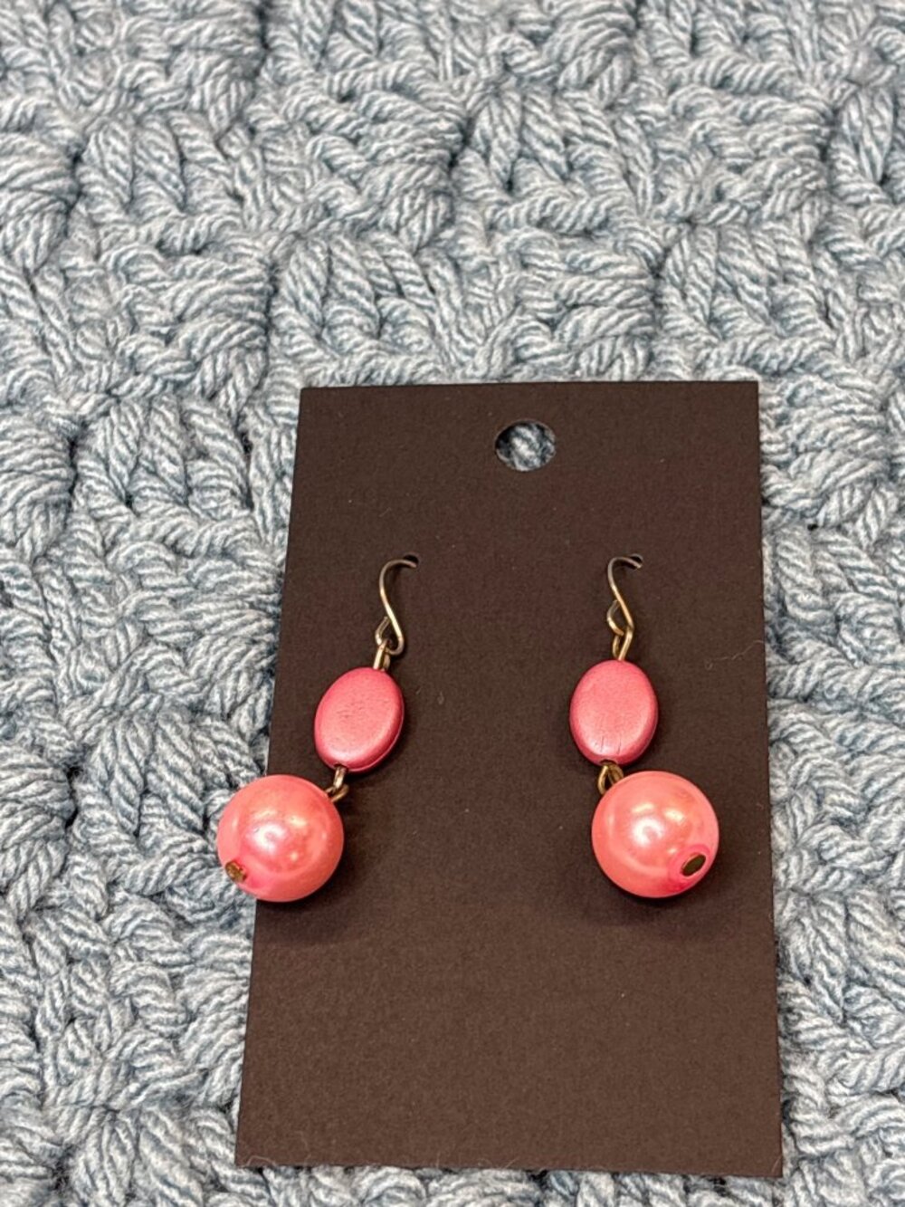 Pink Faux Pearl Beaded Dangle Earrings Silvertone Hooks 1 inch